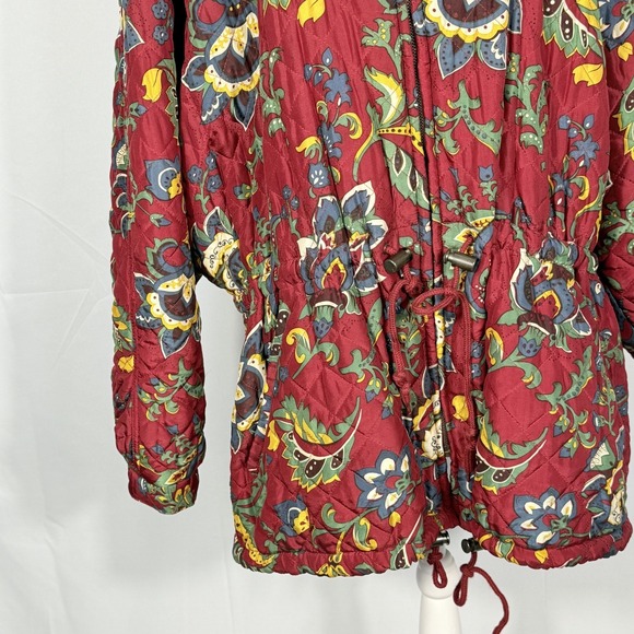Vintage The Limited Quilted Silk Coat Womens L Large Red Floral Paisley Hooded - Picture 3 of 10